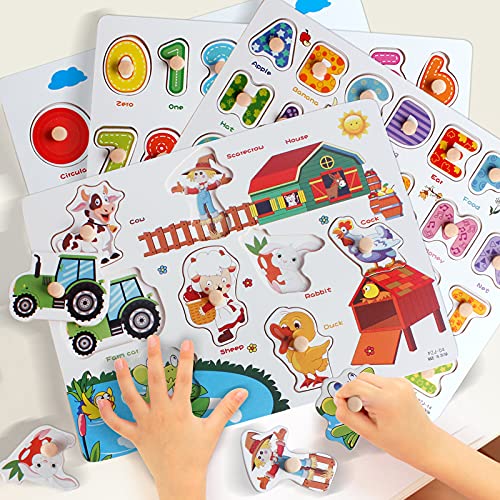 Wooden Peg Puzzles Set for Toddlers 2 3 4 Years Old, Alphabet ABC, Numbers, Shape and Farm Animals Learning Puzzles Board for Kids, Preschool Educational Activity Toys Gift for Boys Girls from BEAUAM