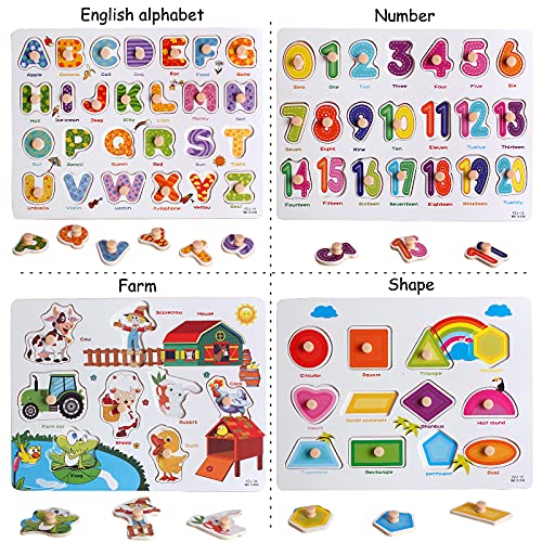 Wooden Peg Puzzles Set for Toddlers 2 3 4 Years Old, Alphabet ABC, Numbers, Shape and Farm Animals Learning Puzzles Board for Kids, Preschool Educational Activity Toys Gift for Boys Girls from BEAUAM