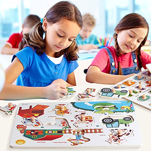 Wooden Peg Puzzles Set for Toddlers 2 3 4 Years Old, Alphabet ABC, Numbers, Shape and Farm Animals Learning Puzzles Board for Kids, Preschool Educational Activity Toys Gift for Boys Girls from BEAUAM