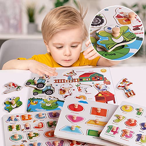 Wooden Peg Puzzles Set for Toddlers 2 3 4 Years Old, Alphabet ABC, Numbers, Shape and Farm Animals Learning Puzzles Board for Kids, Preschool Educational Activity Toys Gift for Boys Girls from BEAUAM