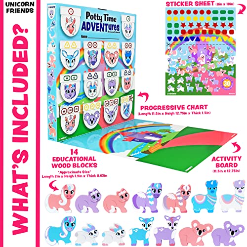 LIL ADVENTS Potty Time Adventures Potty Training Game - 14 Wood Block Toys, Chart, Activity Board, Stickers and Reward Badge for Toilet Training - Unicorn Friends by LIL ADVENTS, LLC