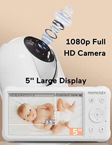 Momcozy Baby Monitor with 2 Cameras 5â 1080P Split Screen Video Baby Monitor with Camera and Audio no WiFi for Baby Safety 5000mAh Battery Infrared Night Vision 2-Way Audio 960ft Range Ideal Gift by Momcozy