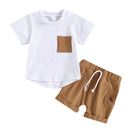 Infant Toddler Baby Boy Clothes Set Short Sleeve Color Block T-Shirt Solid Rolled 2pcs Shorts Set Summer Outfit (A White, 18-24 Months) by MA&BABY