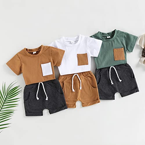 Infant Toddler Baby Boy Clothes Set Short Sleeve Color Block T-Shirt Solid Rolled 2pcs Shorts Set Summer Outfit (A White, 18-24 Months) by MA&BABY