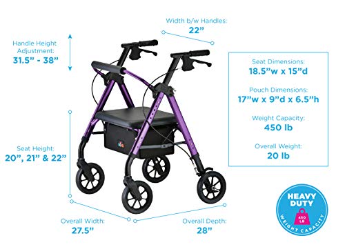 NOVA Star Heavy Duty Bariatric Rollator Walker with Extra Wide Padded Seat, 8â Wheels, Fold Lock Feature, Rolling Walker with Adjustable Seat Height & 450 lbs. Weight Capacity, Standard Size, Purple from AmazonUs/NOHT9