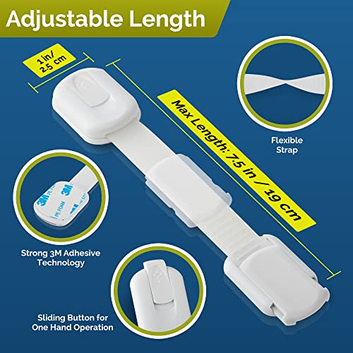 Child Safety Strap Locks (10 Pack) Baby Locks for Cabinets and Drawers, Toilet, Fridge & More. 3M Adhesive Pads. Easy Installation, No Drilling Required, White by Wappa