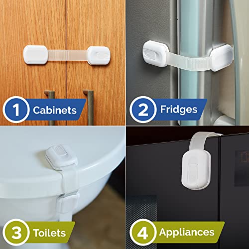 Child Safety Strap Locks (10 Pack) Baby Locks for Cabinets and Drawers, Toilet, Fridge & More. 3M Adhesive Pads. Easy Installation, No Drilling Required, White by Wappa