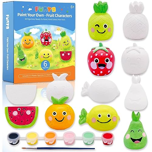 Funto Paint Your Own Fruits Painting Kit, 13 PCS Arts and Crafts Set for Kids, STEAM Projects Creative Activity DIY Toys Gift for Boys & Girls Age 3+, with 6 Figurines, 6 Paint Pots, 1 Brush by Funto