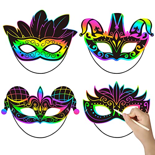 WATINC 24pcs Mardi Gras Scratch Masks for Kids, Carnival Prom Rainbow Art Craft Kit, Masquerade Party DIY Magic Color Scratch Paper Mask, Costumes Dress Up Scratchboard Off Cards Coloring Supplies from WATINC