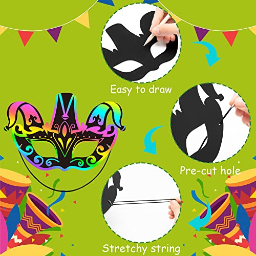 WATINC 24pcs Mardi Gras Scratch Masks for Kids, Carnival Prom Rainbow Art Craft Kit, Masquerade Party DIY Magic Color Scratch Paper Mask, Costumes Dress Up Scratchboard Off Cards Coloring Supplies from WATINC