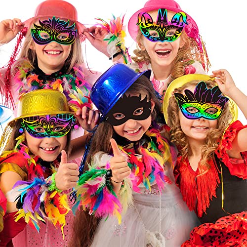 WATINC 24pcs Mardi Gras Scratch Masks for Kids, Carnival Prom Rainbow Art Craft Kit, Masquerade Party DIY Magic Color Scratch Paper Mask, Costumes Dress Up Scratchboard Off Cards Coloring Supplies from WATINC