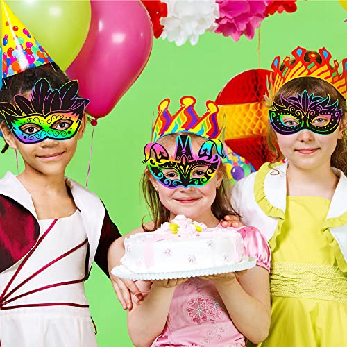 WATINC 24pcs Mardi Gras Scratch Masks for Kids, Carnival Prom Rainbow Art Craft Kit, Masquerade Party DIY Magic Color Scratch Paper Mask, Costumes Dress Up Scratchboard Off Cards Coloring Supplies from WATINC