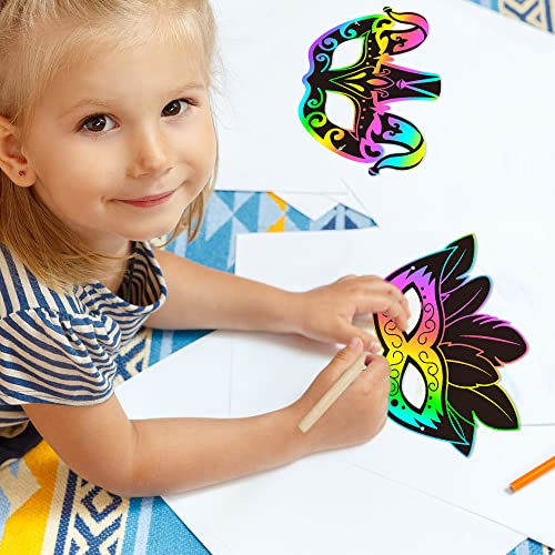 WATINC 24pcs Mardi Gras Scratch Masks for Kids, Carnival Prom Rainbow Art Craft Kit, Masquerade Party DIY Magic Color Scratch Paper Mask, Costumes Dress Up Scratchboard Off Cards Coloring Supplies from WATINC
