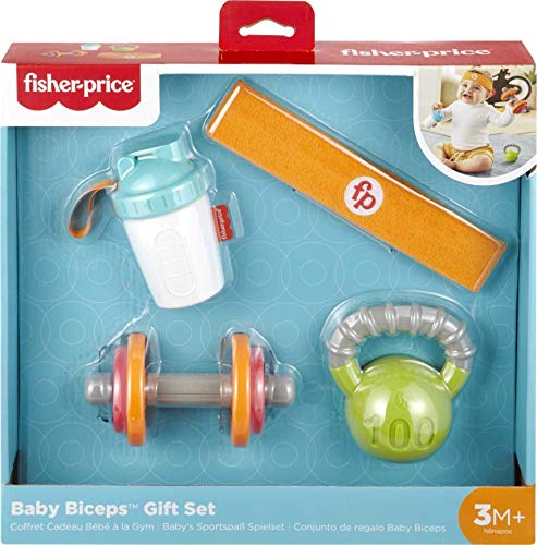 Fisher-Price Gift Set, 4 fitnessthemed toys with wearable costume bib rattle and teether for babies ages 3 months and older, Fisher-Price Baby Biceps by Fisher Price