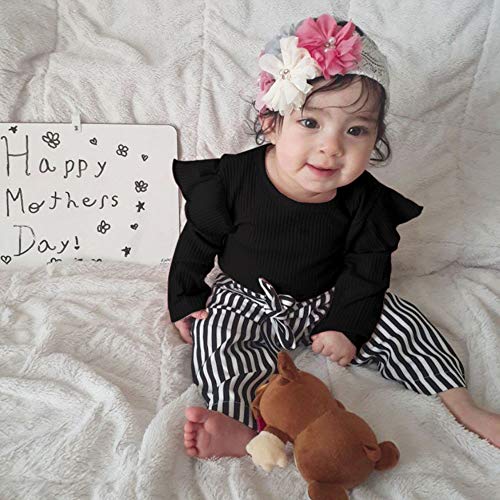 Toddler Baby Girl Clothes Ruffle Long Sleeve top Striped Long Pants Headband 3Pcs Baby Winter Clothes Set Black by 