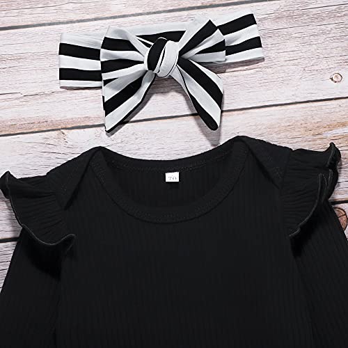 Toddler Baby Girl Clothes Ruffle Long Sleeve top Striped Long Pants Headband 3Pcs Baby Winter Clothes Set Black by 