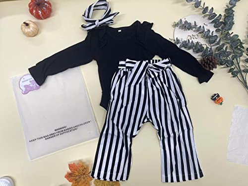 Toddler Baby Girl Clothes Ruffle Long Sleeve top Striped Long Pants Headband 3Pcs Baby Winter Clothes Set Black by 