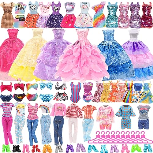 42 PCS Doll Clothes and Accessories 3 PCS Fashion Dresses 4 Tops 4Pants 3 PCS Party Dresses 2 Sets Swimsuits Bikini 6 Braces Skirt 10 Hangers and 10 pcs Shoes for 11.5 inch Doll from BM