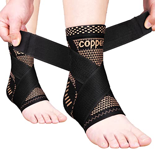 JIUFENTIAN Copper Ankle Brace Adjustable Compression Sleeve (Pair)-Ankle Support Heel Brace for Achilles Tendonitis, Plantar Fasciitis-Eases Swelling and Sprained Ankle(Small) by JIUFENTIAN