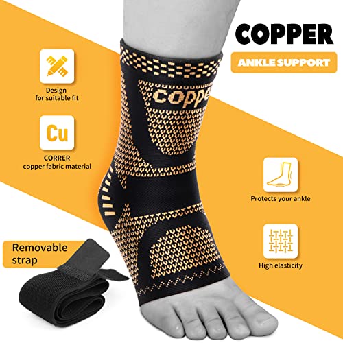 JIUFENTIAN Copper Ankle Brace Adjustable Compression Sleeve (Pair)-Ankle Support Heel Brace for Achilles Tendonitis, Plantar Fasciitis-Eases Swelling and Sprained Ankle(Small) by JIUFENTIAN