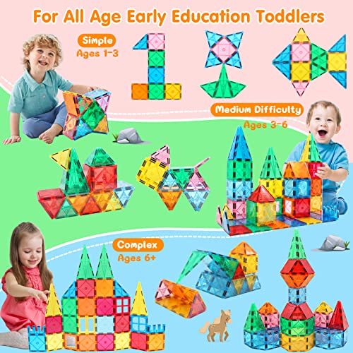 Magnetic Tiles Building Blocks for 3 4 5 6 7 8+ Years Old Boys Girls Colorful Magnet Stacking Toys Birthday Gift for Toddlers STEM Preschool Educational Construction Tiles Set for Kids Age 3-5 from Mruikeny
