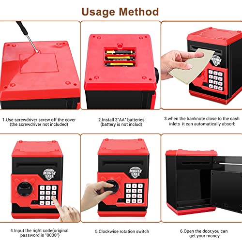 Renvdsa Cartoon Electronic ATM Password Piggy Bank Cash Coin Can Auto Scroll Paper Money Saving Box Gift for Kids (Black red) by Adevena