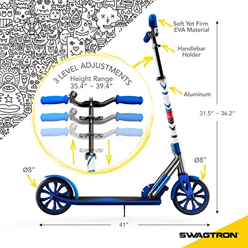 Swagtron K8 Folding Kick Scooter with Kickstand for Kids & Teens, XL 8â Big Wheels & ABEC-9 Bearings Lightweight, Height-Adjustable Stem, 220lb Rider Capacity (Pink) from SWAGTRON