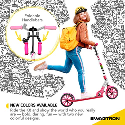 Swagtron K8 Folding Kick Scooter with Kickstand for Kids & Teens, XL 8â Big Wheels & ABEC-9 Bearings Lightweight, Height-Adjustable Stem, 220lb Rider Capacity (Pink) from SWAGTRON