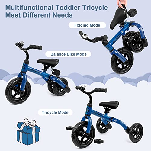 XPIY Tricycle for Toddlers Age 2 to 4 Years Old, 3 in 1 Folding Toddler Bike for Boys and Girls, Kids' Bike Trike with Detachable Pedal and Adjustable Seat (Blue) by XPIY