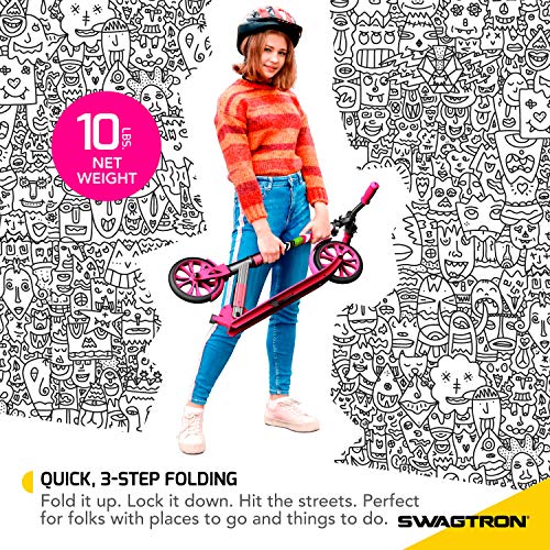 Swagtron K8 Folding Kick Scooter with Kickstand for Kids & Teens, XL 8â Big Wheels & ABEC-9 Bearings Lightweight, Height-Adjustable Stem, 220lb Rider Capacity (Pink) from SWAGTRON