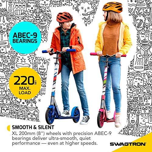 Swagtron K8 Folding Kick Scooter with Kickstand for Kids & Teens, XL 8â Big Wheels & ABEC-9 Bearings Lightweight, Height-Adjustable Stem, 220lb Rider Capacity (Pink) from SWAGTRON