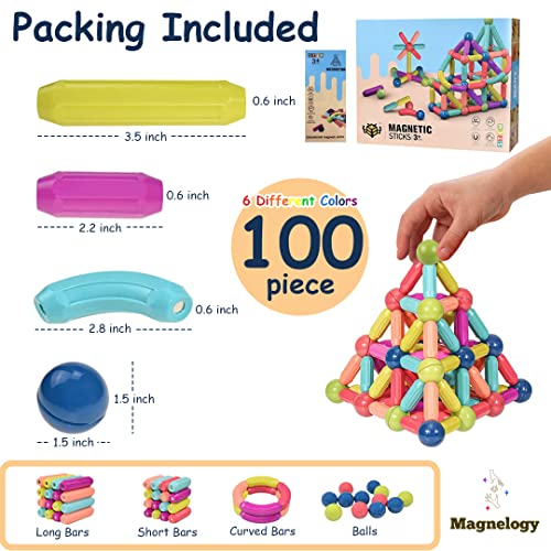 Magnelogy 100 Pcs Magnetic Building Sticks, Stem Educational Construction Toys, Magnetic Stick and Rods Set, 3D Magnet Building Toys, 6 Color Creative Builder from Magnelogy
