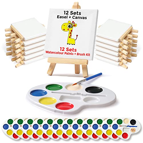 Mini Canvas and Easel Set with Mini Watercolor Paint in Bulk Set of 12 - Kids Art Party Favors & Party Supplies - 4x4" Small Canvases for Painting with Mini Easel - Water Colors Paint for Kids from CRAFTY HAPPITOYS