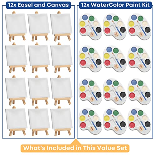 Mini Canvas and Easel Set with Mini Watercolor Paint in Bulk Set of 12 - Kids Art Party Favors & Party Supplies - 4x4" Small Canvases for Painting with Mini Easel - Water Colors Paint for Kids from CRAFTY HAPPITOYS