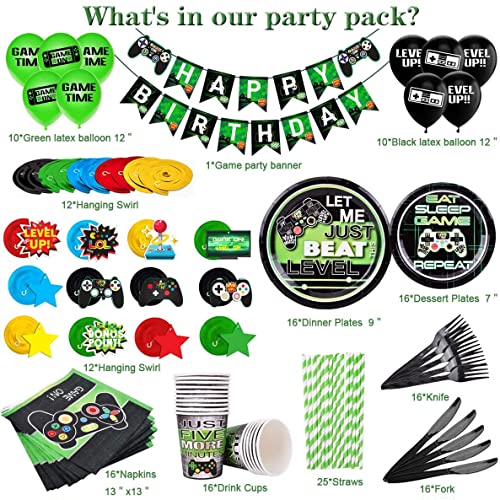 TMCCE Video Game Party Supplies Gaming Party Decoration For Boys Paper Plates,Cups,Napkins, Straws,Hanging Swirls,Balloons And Happy Birthday Banner For Boy Gamer Birthday Party Decoration 178 PCS from TMCCE