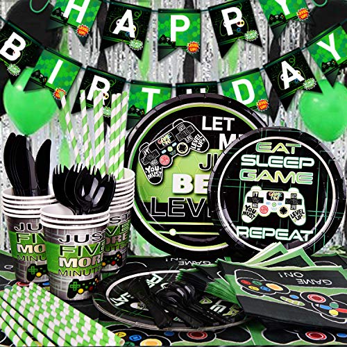 TMCCE Video Game Party Supplies Gaming Party Decoration For Boys Paper Plates,Cups,Napkins, Straws,Hanging Swirls,Balloons And Happy Birthday Banner For Boy Gamer Birthday Party Decoration 178 PCS from TMCCE