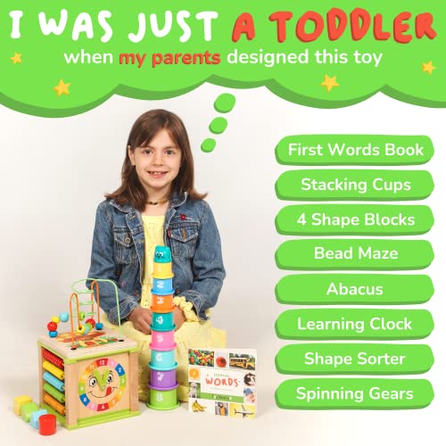 TOYVENTIVE Wooden Kids Baby Activity Cube - Girls Gift Set | 1st Birthday Gifts Toys for 1 One, 2 Year Old Girl | Developmental Toddler Educational Learning Girl Toys 12-18 Months | Bead Maze from TOYVENTIVE