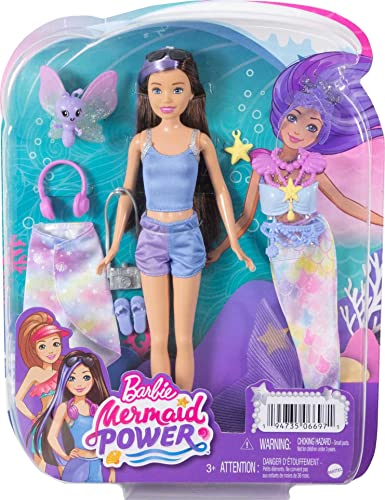 Barbie Mermaid Power Doll, Skipper with 10 Pieces Including Beachy Clothing, Mermaid Tail, Pet Butterfly & Accessories by Mattel