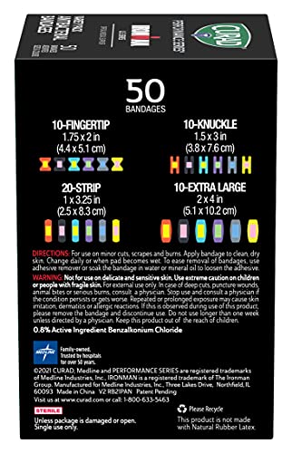 Curad Performance Series Ironman Antibacterial Bandages, Extreme Hold Adhesive Technology, Assorted Variety Pack Includes Standard, XL, Finger & Knuckle Fabric Bandages, 50 Count from Medline