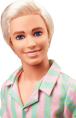 Barbie The Movie Ken Doll Wearing Pastel Pink and Green Striped Beach Matching Set with Surfboard and White Sneakers from Mattel