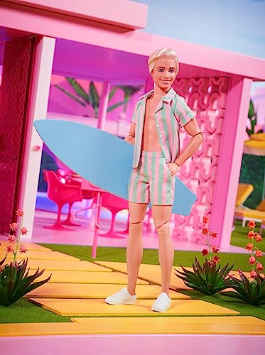 Barbie The Movie Ken Doll Wearing Pastel Pink and Green Striped Beach Matching Set with Surfboard and White Sneakers from Mattel