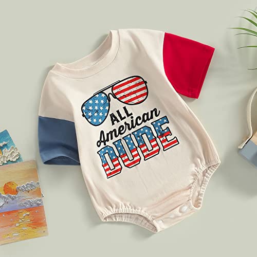 Baby Boy Girl 4th of July Outfit Newborn Oversized USA Romper American Flag Onesie Independence Day Outfit (All American Dude-Beige,0-3 Months) by MoZiKQin