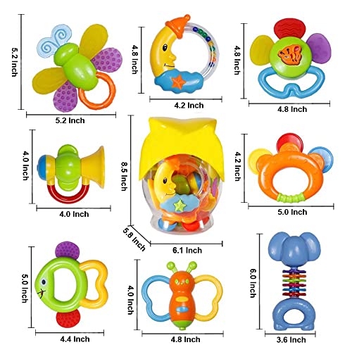 Baby Rattle Sets Teether Rattles Toys, 8pcs Babies Grab Shaker and Spin Rattle Toy Early Educational Toys with Owl Bottle Gifts Set for 0, 3, 6, 9, 12 Month Newborn Infant Baby, Boy, Girl from LITTLESMET