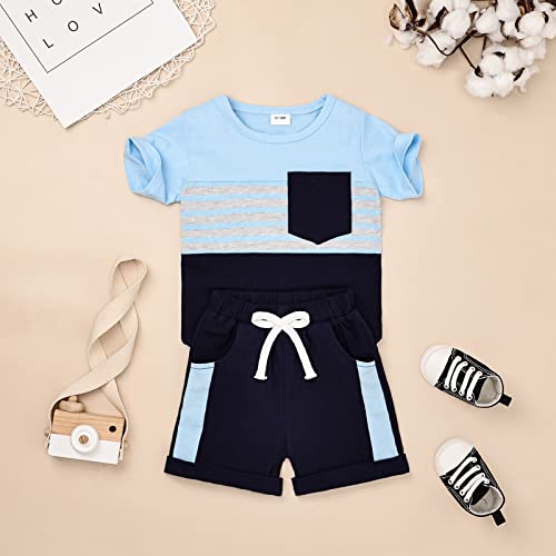 FOCUTEBB 2 Years Old Boy Clothes Toddler Boy Clothes Summer Outfits Patchwork Short Sleeve T-Shirt Shorts Set Summer Clothes Set Dark Blue Boy Set 2-3T/90cm by 