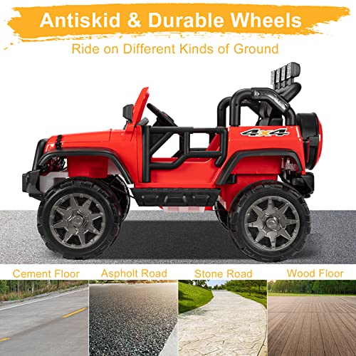 JOYMOR 12V Ride on Truck 2 Seat Kids Electric Battery Powered Car w/ 2.4G Remote Control, Motorized Toddler Vehicles Truck Toy, Adjustable Speeds, MP3 Player, LED, Horn (Red) by JOYMOR