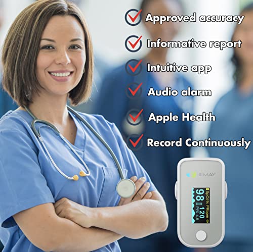 EMAY Bluetooth Pulse Oximeter Fingertip | Blood Oxygen Saturation & Heart Rate Monitor | Compatible with iOS & Android Smartphones from EMAY