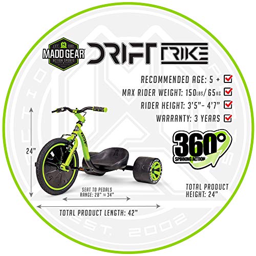 MGP Action Sports Â¨C Drift Trike Â¨C Black Green Â¨C Drifting Trike Â¨C Suits Boys & Girls Ages 5+ - Max Rider Weight 68kg Â¨C 3 Year ManufacturerÂ¡Â¯s Warranty Â¨C Built to Last! Madd Gear Est. 2002 by MSLAN