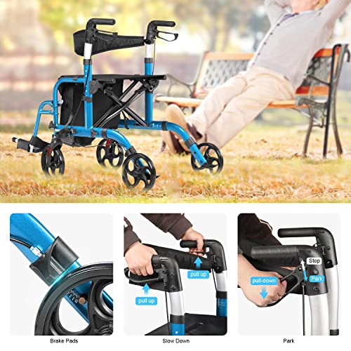 20602 LITELEPH 2 in 1 Rollator Walker with Seat Reversible Backrest and Detachable Footrests Transport Chair Lightweight Foldable for Adults Blue by LITELEPH