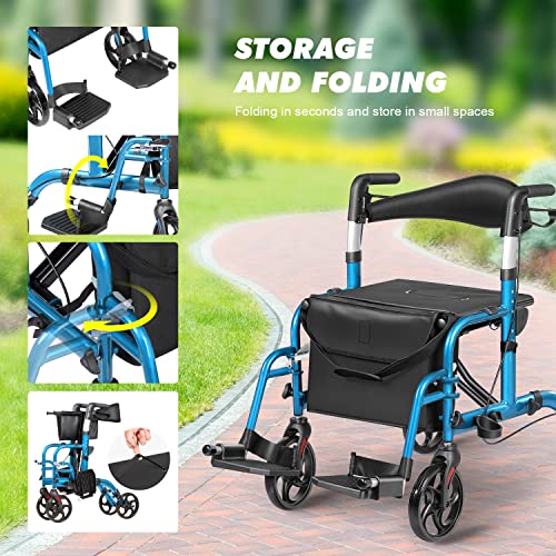 20602 LITELEPH 2 in 1 Rollator Walker with Seat Reversible Backrest and Detachable Footrests Transport Chair Lightweight Foldable for Adults Blue by LITELEPH