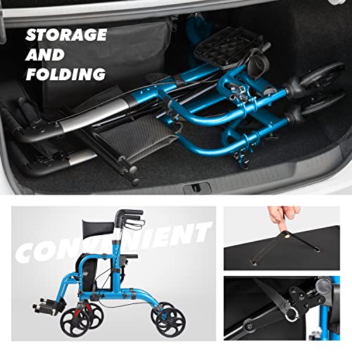 20602 LITELEPH 2 in 1 Rollator Walker with Seat Reversible Backrest and Detachable Footrests Transport Chair Lightweight Foldable for Adults Blue by LITELEPH